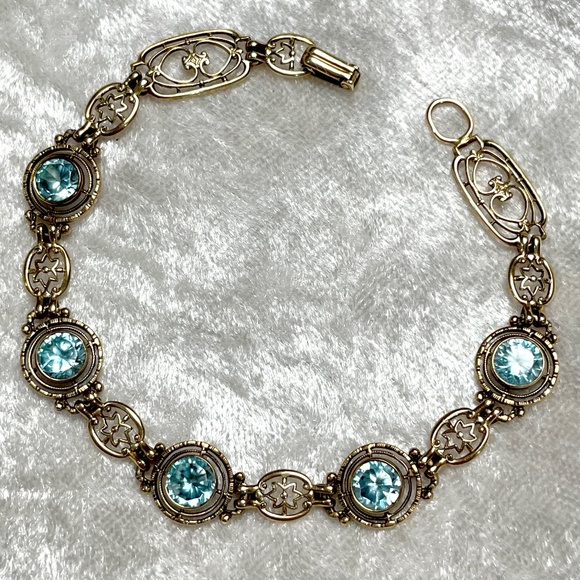 Vintage Art Deco 10K Solid Gold Natural Blue Zircon 5cts Fancy Link Bracelet - Picture 3 of 13